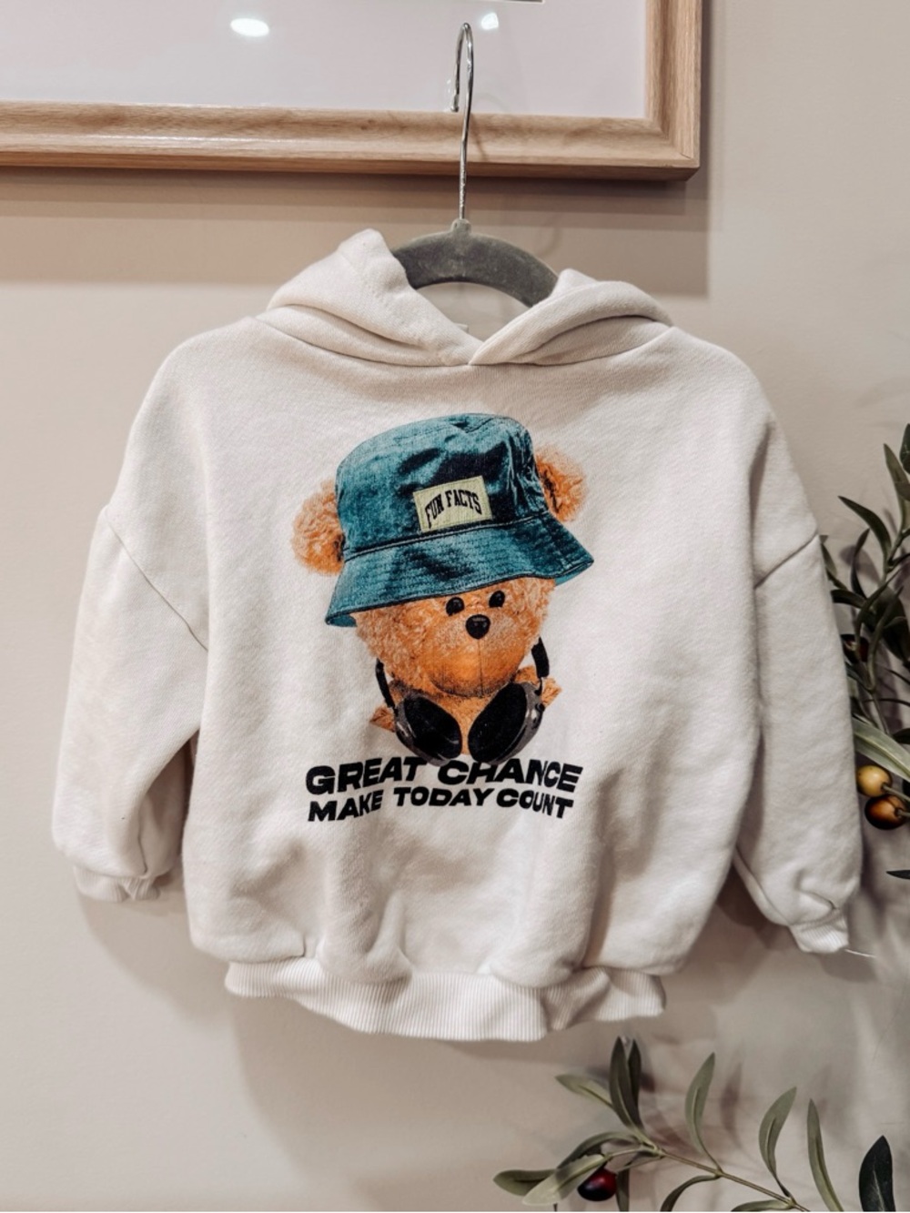 Zara Cream Kids Hoodie with Teddy Graphic and Teal Hat 1.5Y